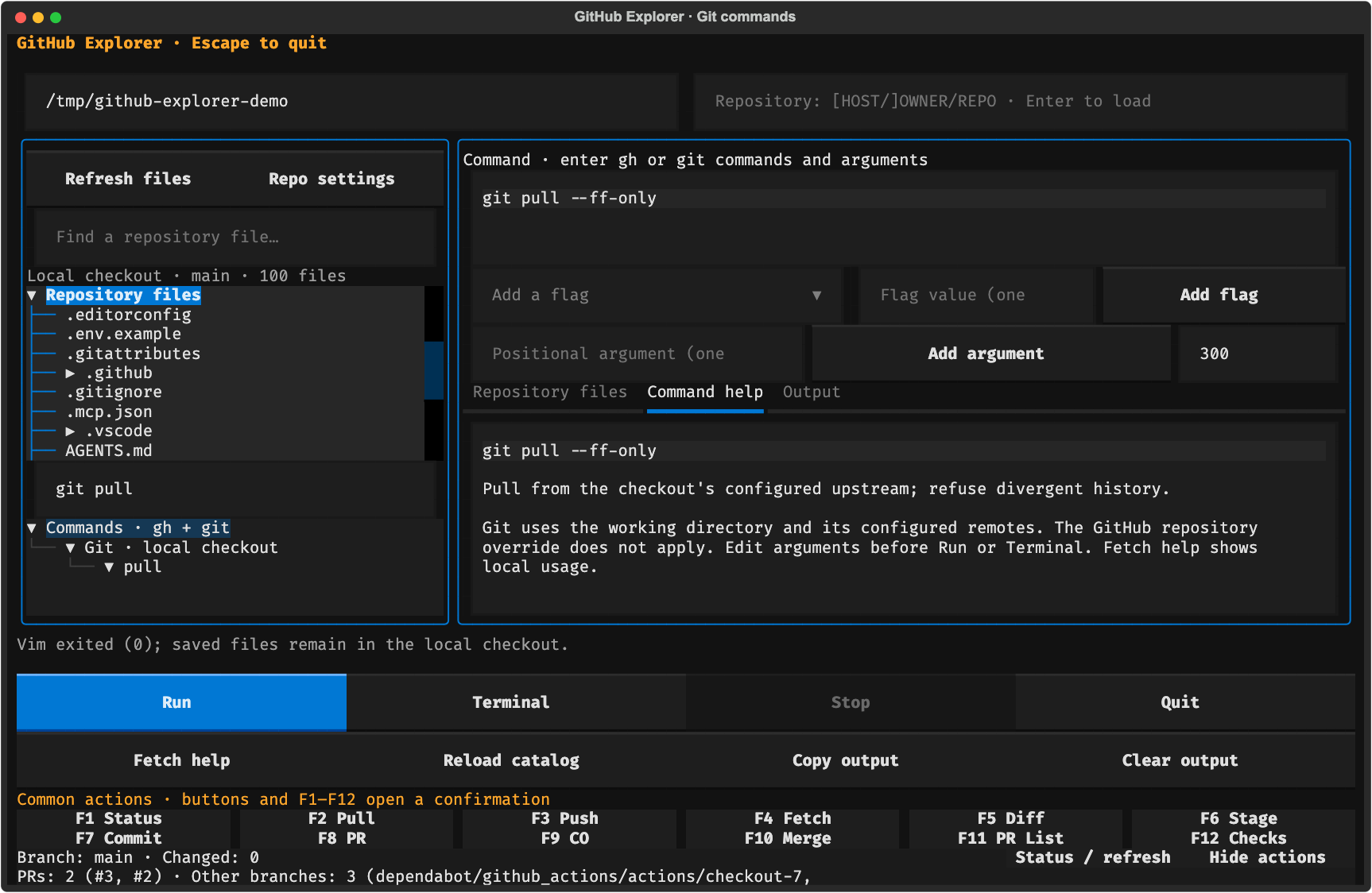 GitHub Explorer command interface with git pull selected, its command preview and help, repository files and twelve shortcut buttons.