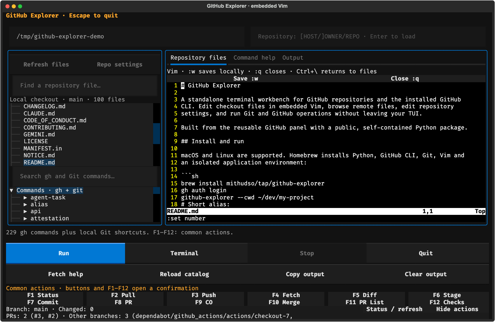 GitHub Explorer showing repository files on the left, README open in embedded Vim on the right, action buttons and branch status below.